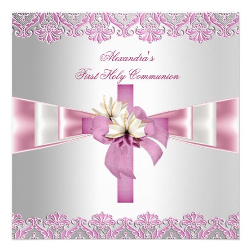 First Holy Communion 1st Cross Girls White Pink Custom Announcements (front side)