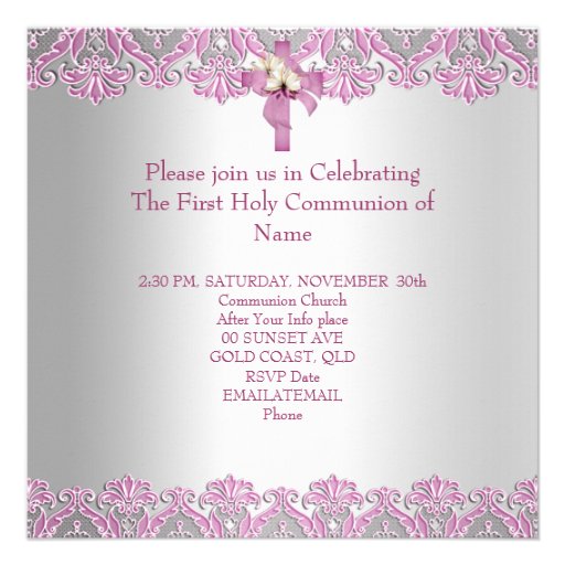 First Holy Communion 1st Cross Girls White Pink Custom Announcements
