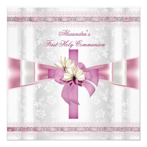 First Holy Communion 1st Cross Girls White Pink Invites