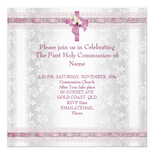 First Holy Communion 1st Cross Girls White Pink Invites