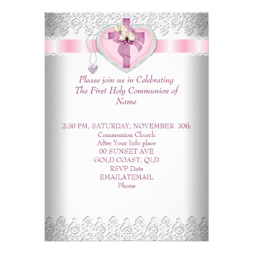 First Holy Communion 1st Cross Girls White Pink Custom Announcements