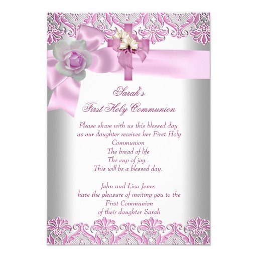 First Holy Communion 1st Cross Girls White Pink Invites