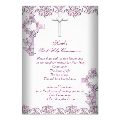 First Holy Communion 1st Cross Girls White Pink Custom Invite (front side)
