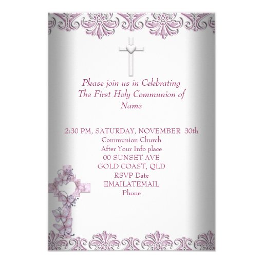 First Holy Communion 1st Cross Girls White Pink Custom Invite