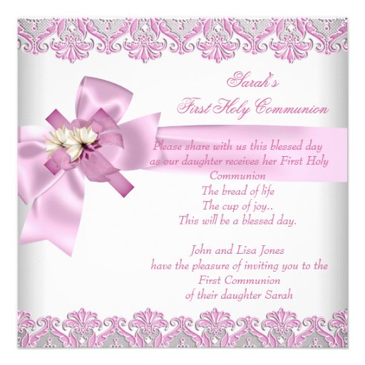 First Holy Communion 1st Cross Girls White Pink Personalized Invitation