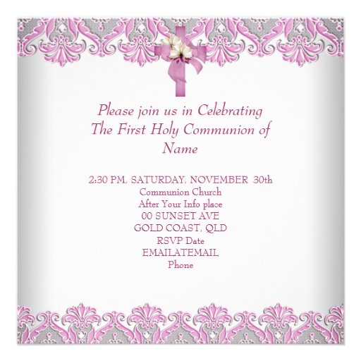 First Holy Communion 1st Cross Girls White Pink Personalized Invitation