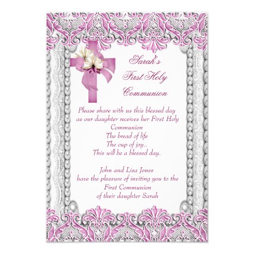 First Holy Communion 1st Cross Girls White Pink Personalized Announcement