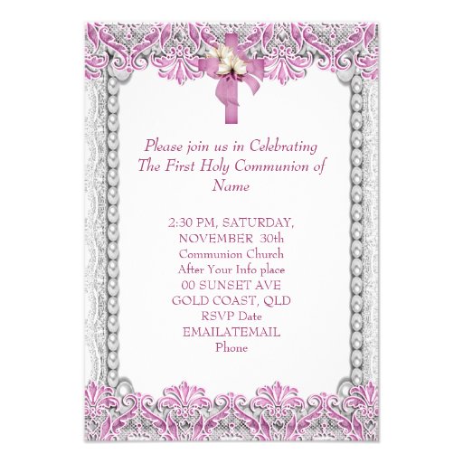 First Holy Communion 1st Cross Girls White Pink Personalized Announcement