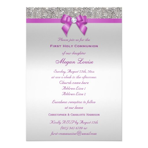 First Holy Communion Faux Jewels, Bow & Diamond Custom Invitation