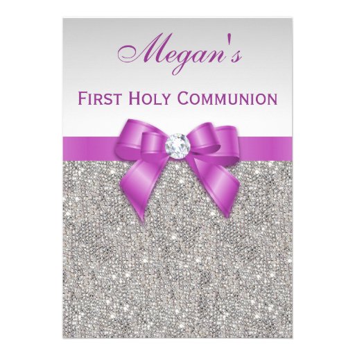 First Holy Communion Faux Jewels, Bow & Diamond Custom Invitation