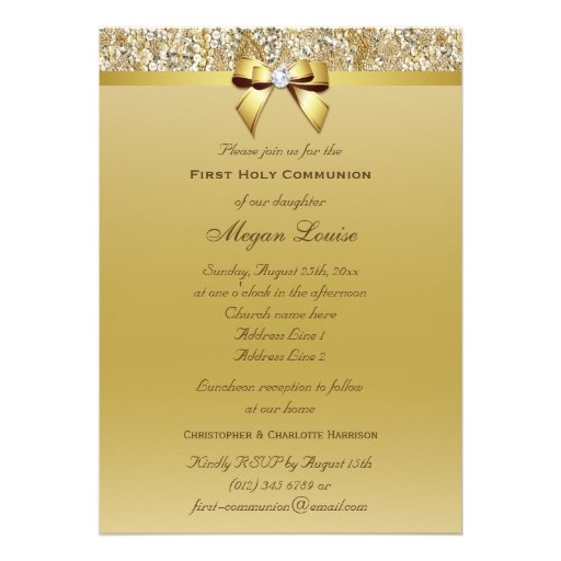 First Holy Communion Gold Sequins, Bow Diamond Invitation