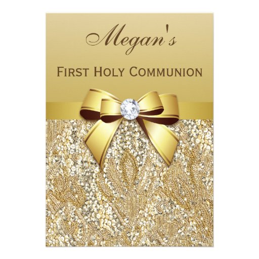 First Holy Communion Gold Sequins, Bow Diamond Invitation (front side)
