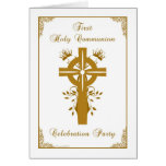 First Holy Communion Invite - Golden Cross Floral Greeting Cards