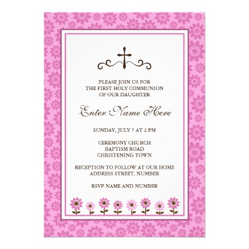 First holy communion invite, pink with flowers