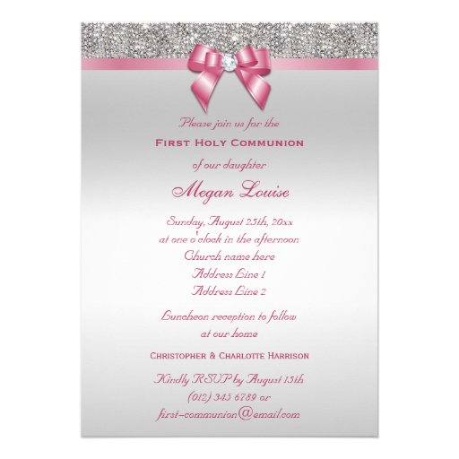 First Holy Communion Silver Jewels, Bow & Diamond Custom Invitations