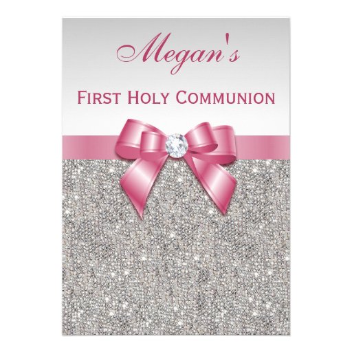 First Holy Communion Silver Jewels, Bow & Diamond Custom Invitations