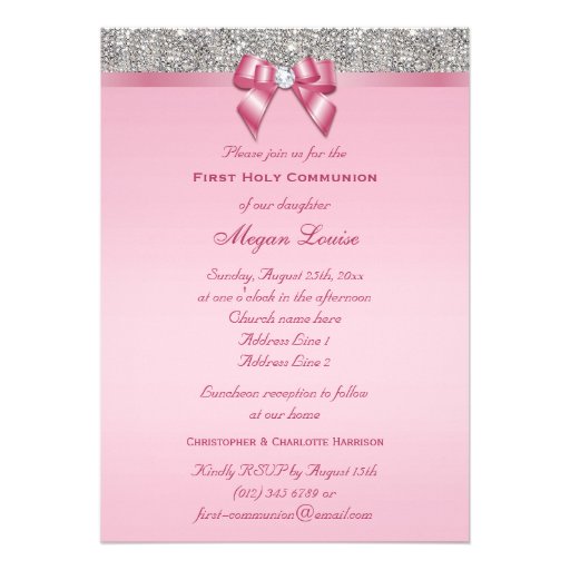 First Holy Communion Silver Jewels, Bow & Diamond Custom Invites