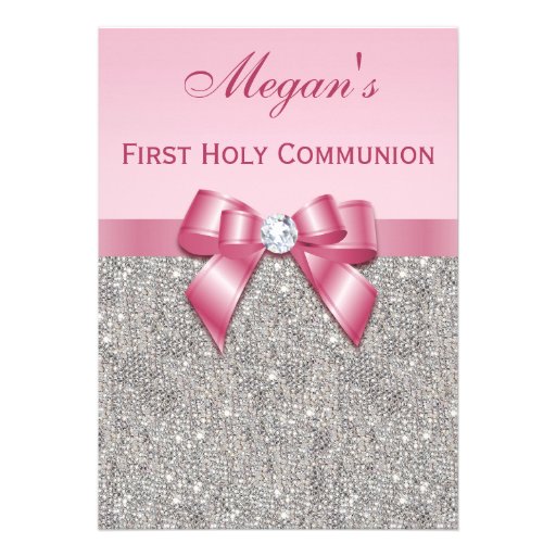 First Holy Communion Silver Jewels, Bow & Diamond Custom Invites