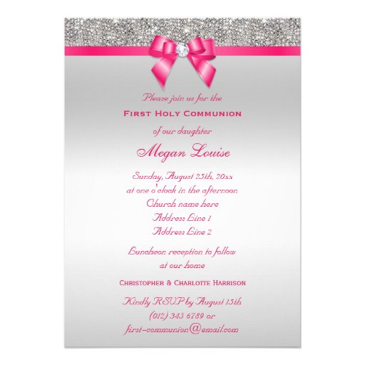First Holy Communion Silver Jewels, Hot pink Bow Invitation
