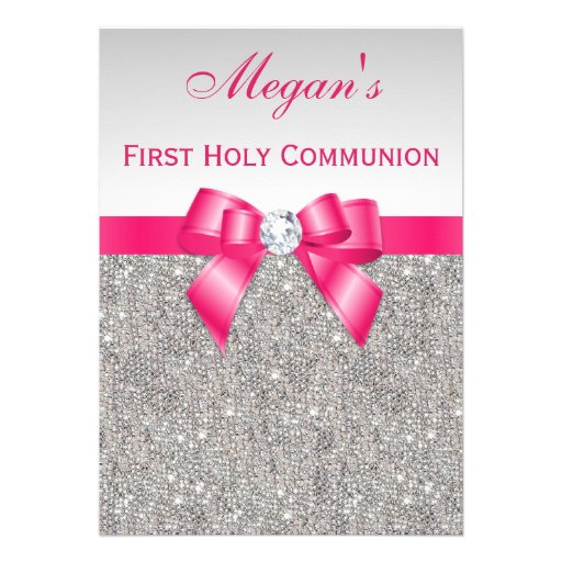 First Holy Communion Silver Jewels, Hot pink Bow Invitation