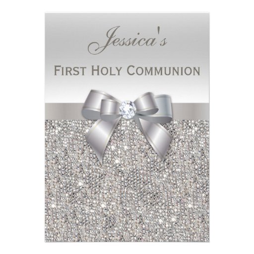 First Holy Communion Silver Sequins and Bow Custom Invitations (front side)