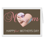 First Mother's Day Photo Heart New Mom Pink Brown Greeting Cards