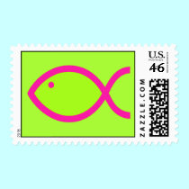Fish Symbol - Lime Green - Pink Fish postage by ChristianFish Fish Symbol - Lime Green - Pink Fish postage