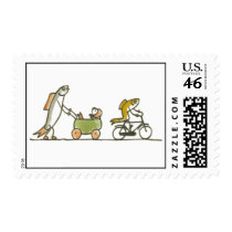 Fish with buggy and bike postage stamps
