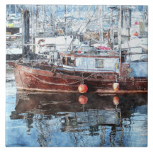 Fishing Boat 2 Watercolour Art 6" Decorative Tile