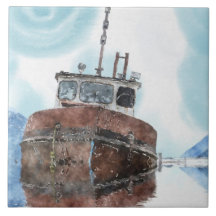 Fishing Boat 4 Watercolour Art 6" Decorative Tile
