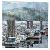Fishing Boats 3 Watercolour Art 6" Decorative Tile