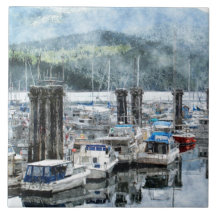 Fishing Boats 3 Watercolour Art 6" Decorative Tile
