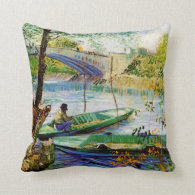 Fishing in Spring, Vincent van Gogh. Throw Pillow