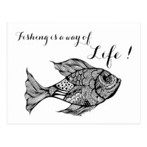 artsprojekt, art, drawing, fish, fishing, trout, fly, fisherman, fishermen, quotes, doodle, ink, black, white, anglers, angling, Postcard with custom graphic design