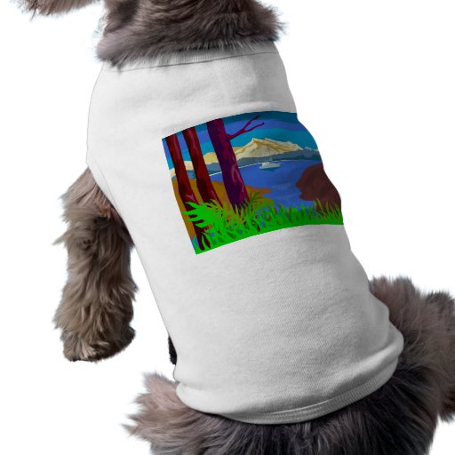 fishing sailboat with lake mountains dog tee
