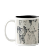 Five caricatures of the cast of a French Mug