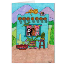 Five Cats at an Aqua Adobe House Cards