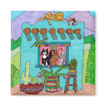 Five Cats at an Aqua Adobe House Fridge Magnet