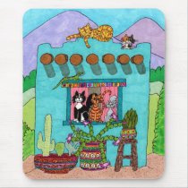 Five Cats at an Aqua Adobe House Mouse Pad
