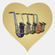Five Colorful Saxophones Golden Heart Gift Sticker at Zazzle