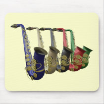 Five Colorful Saxophones In A Line Mousepad at Zazzle