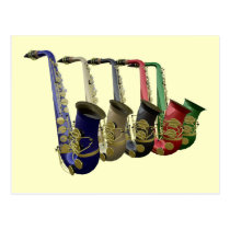 Five Colorful Saxophones In A Line Postcard at Zazzle