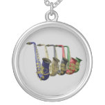 Five Colorful Saxophones Sterling Silver Necklace