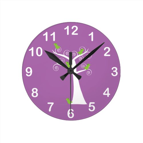 Five Green Birds in a Tree Wall Clock