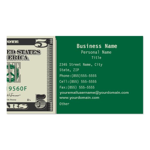 Five US$ Finance Business Business Card (front side)