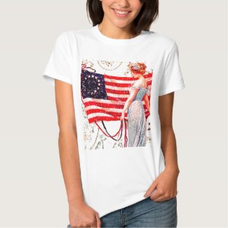 Flag Lady July 4th Vintage Patriotic Postcard Art Tee Shirt