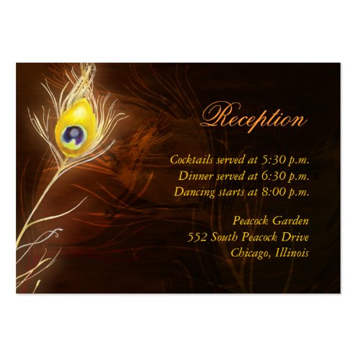 Flamboyant Peacock Feather Reception Enclosure Business Card (front side)