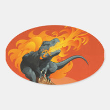 Flame Throwing Dinosaur Art by Michael Grills Oval Stickers