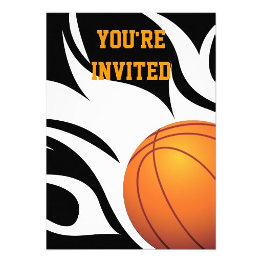 Flaming Basketball Birthday B/W Party Invitations