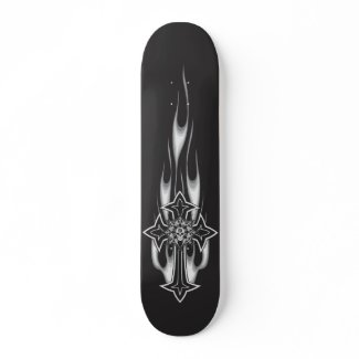 Flaming Goth Skull Cross skateboard